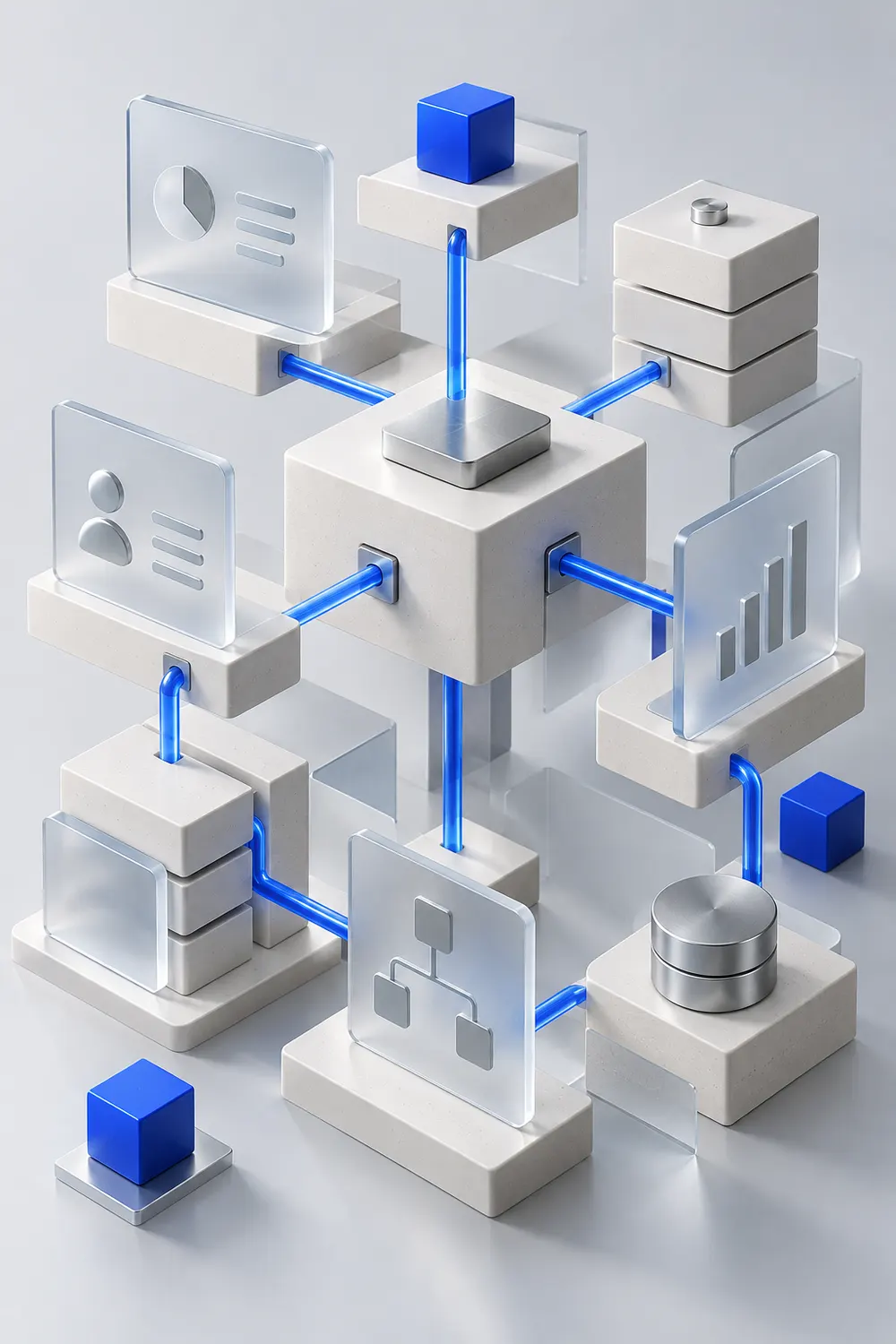 Interconnected blue and glass modules representing automated business workflows