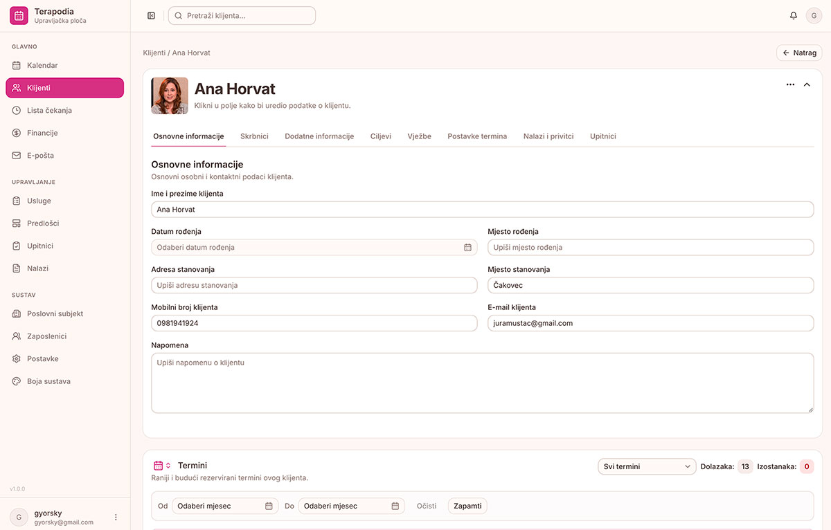 Terapodia application interface